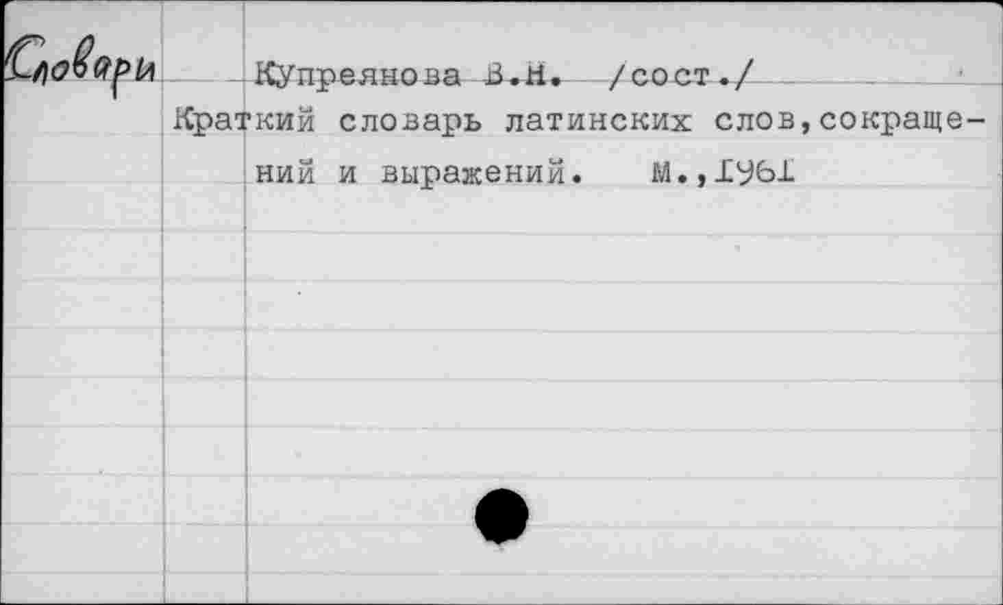 ﻿		Купреянова	/сост./ Краткий словарь латинских слов,сокращений и выражений. М.,1^61
		
		
		
		
		
		
		
		